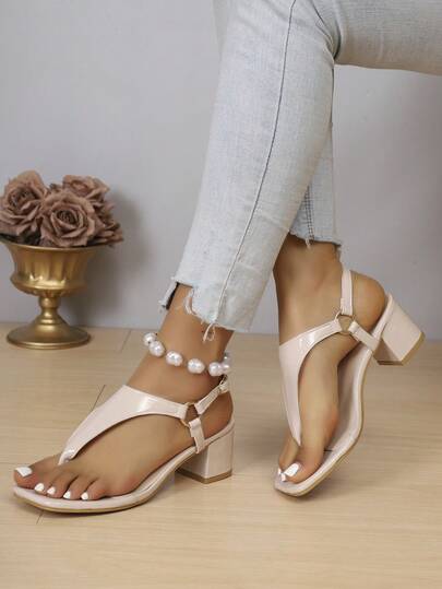 European And American New Minimalist Square Toe Thick Heel Sandals For Women, Casual Buckle Strap Flip Flops For School, Beach, Vacation, Suitable For Teenagers