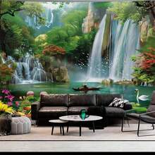绿山瀑布挂毯，禅意自然风景艺术墙贴，适用于房间装饰、卧室装饰、客厅装饰、家居装饰、墙面装饰、房屋装饰、卧室挂毯、宿舍客厅卧室风景墙面艺术装饰、宁静自然主题挂毯，适用于家居房间装饰、静谧湖舟天鹅花卉墙面装饰 - 多色 - 查看 7