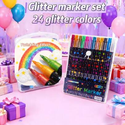 24 Colors Double-Ended Glitter Markers | Quick-Drying Pigment Ink, Fine Tip To Broad, Ideal For Scrapbooking, Card Making, Journaling, Painting - Plastic Material