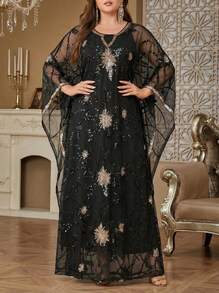 Solessence 女士亮片网眼拼布圆领蝙蝠袖超长两件套阿拉伯连衣裙 - 黑色 - 查看 1