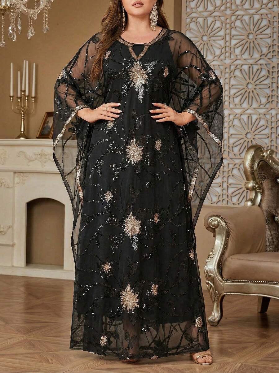 Solessence 女士亮片网眼拼布圆领蝙蝠袖超长两件套阿拉伯连衣裙 - 黑色 - 查看 1