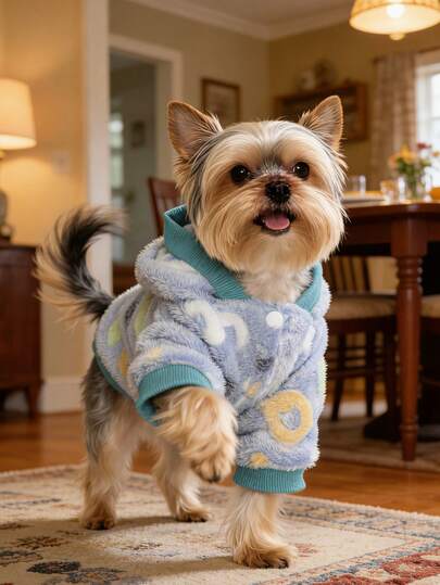 蓝色拼接狗狗抓绒卫衣，字母印花小型犬贵宾犬泰迪熊秋冬保暖家居服，宠物珊瑚绒家居服，彩色字母印花狗狗连帽衫，秋冬狗狗防风保暖肚衫，宠物浴袍，宠物亲子套装，宠物情侣套装