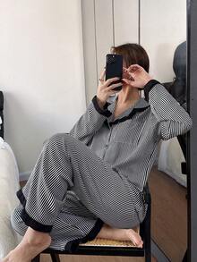 Dreamivo Bộ đồ ngủ nữ 2 món, áo tay dài và quần dài màu đen kẻ sọc hoa văn, có bèo nhún, đồ mặc nhà thoải mái với áo sơ mi cổ cài cúc và quần cạp chun. - màu đen - Xem 1