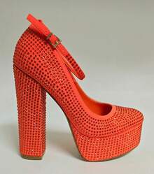 Women's Rhinestone Platform Block Heel Pumps With Ankle Strap – Party & Evening Statement Heels - Orange - View 3