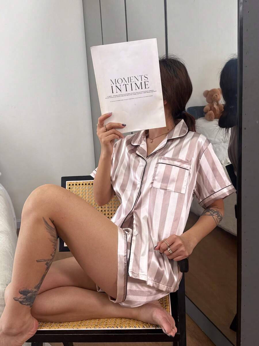 Dreamivo 灰色条纹真丝女士短袖短裤睡衣套装,家居服 - 淺灰色 - 查看 1