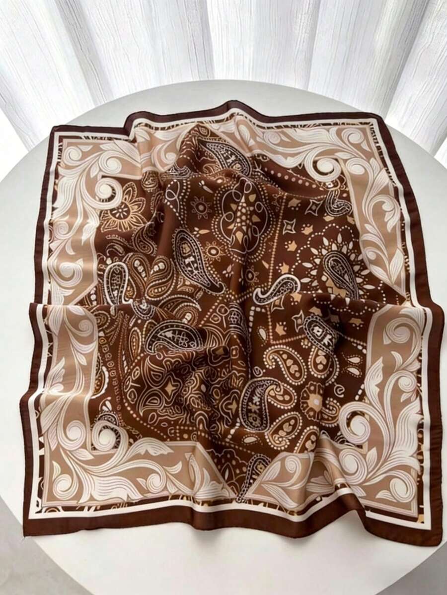 1条70*70厘米方形真丝缎面印花围巾/头巾，女士时尚配饰 - 棕色腰果 - 查看 1