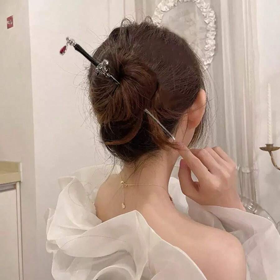 1个女士剑形发夹，配红宝石吊坠，简约时尚发饰 - 銀色 - 查看 1