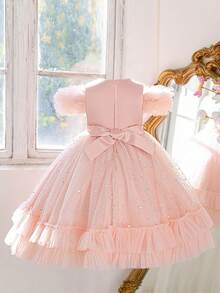 Váy nơ trễ vai lưới xếp nếp thanh lịch dành cho bé gái, thích hợp cho các buổi khiêu vũ ở trường, tiệc sinh nhật - Hồng - Xem 4