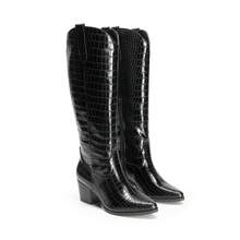 Embroidered Western Boots For Women Comfortable Chunky Heel Pull On Zipper Pointed Toe Knee High Boots Vintage Cowgirl Cowboy Ridding Vacation Boots - 黑PU - 查看 1
