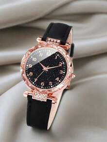 6件套女士奢华小众镶钻表盘石英表，PU皮表带手链首饰套装 - 數位 - 查看 2