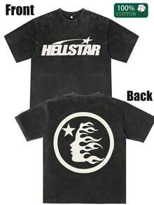 Hellstars Flame Star Print Vintage Washed T-Shirt Double Sided Printed (230g 100% Cotton T-Shirt),Spring Clothes, Men's Tops, Casual And Comfortable, Fashionable T-Shirt, Unisex Style - 黑色 - 查看 1