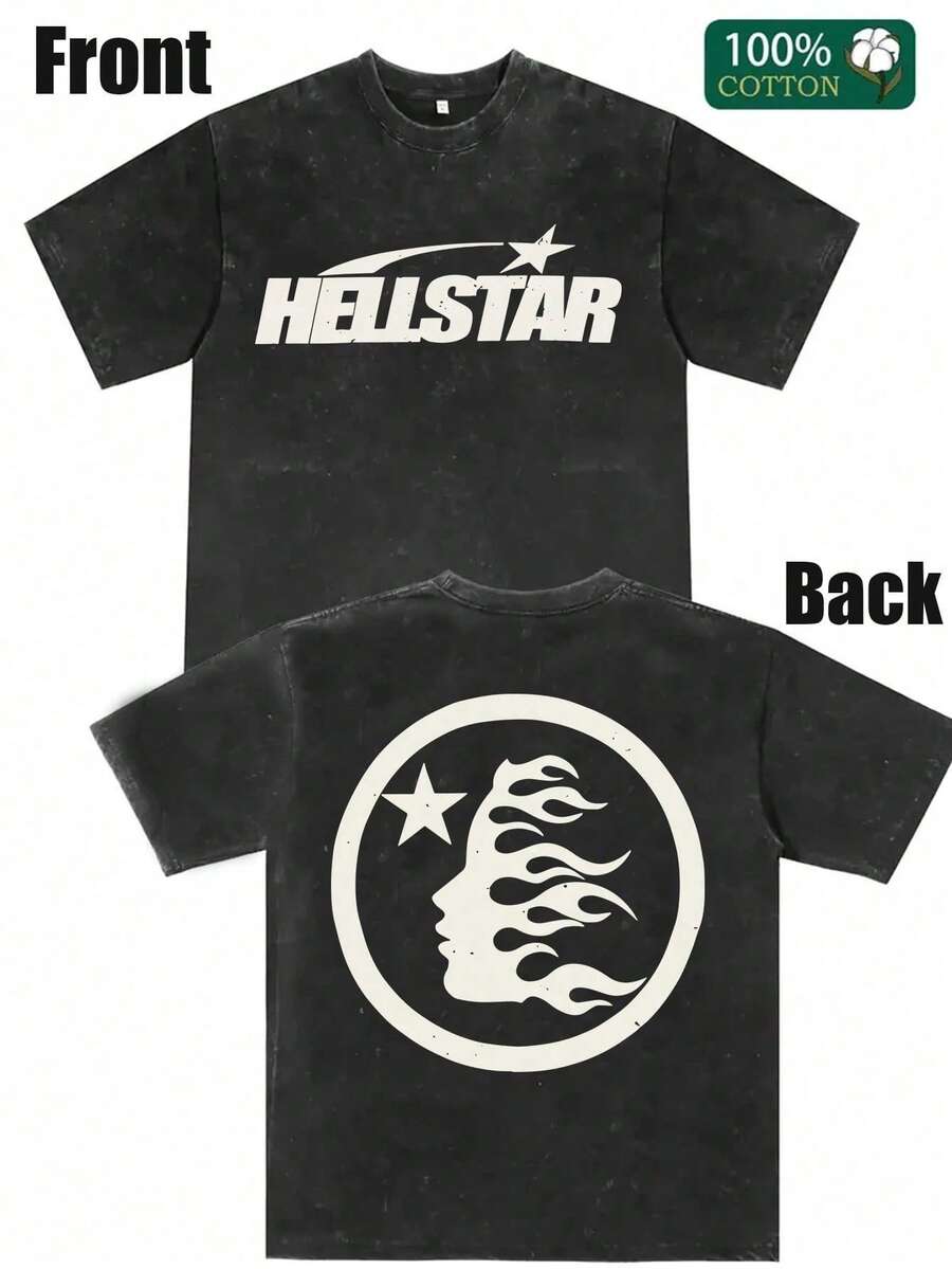 Hellstars Flame Star Print Vintage Washed T-Shirt Double Sided Printed (230g 100% Cotton T-Shirt),Spring Clothes, Men's Tops, Casual And Comfortable, Fashionable T-Shirt, Unisex Style - 黑色 - 查看 1