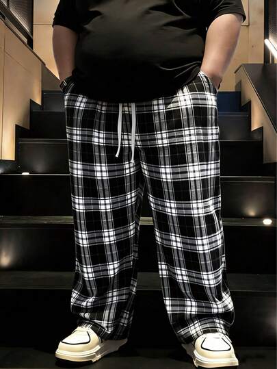 Plus Size Men's Plaid Drawstring Waist Casual Pants, Spring/Autumn