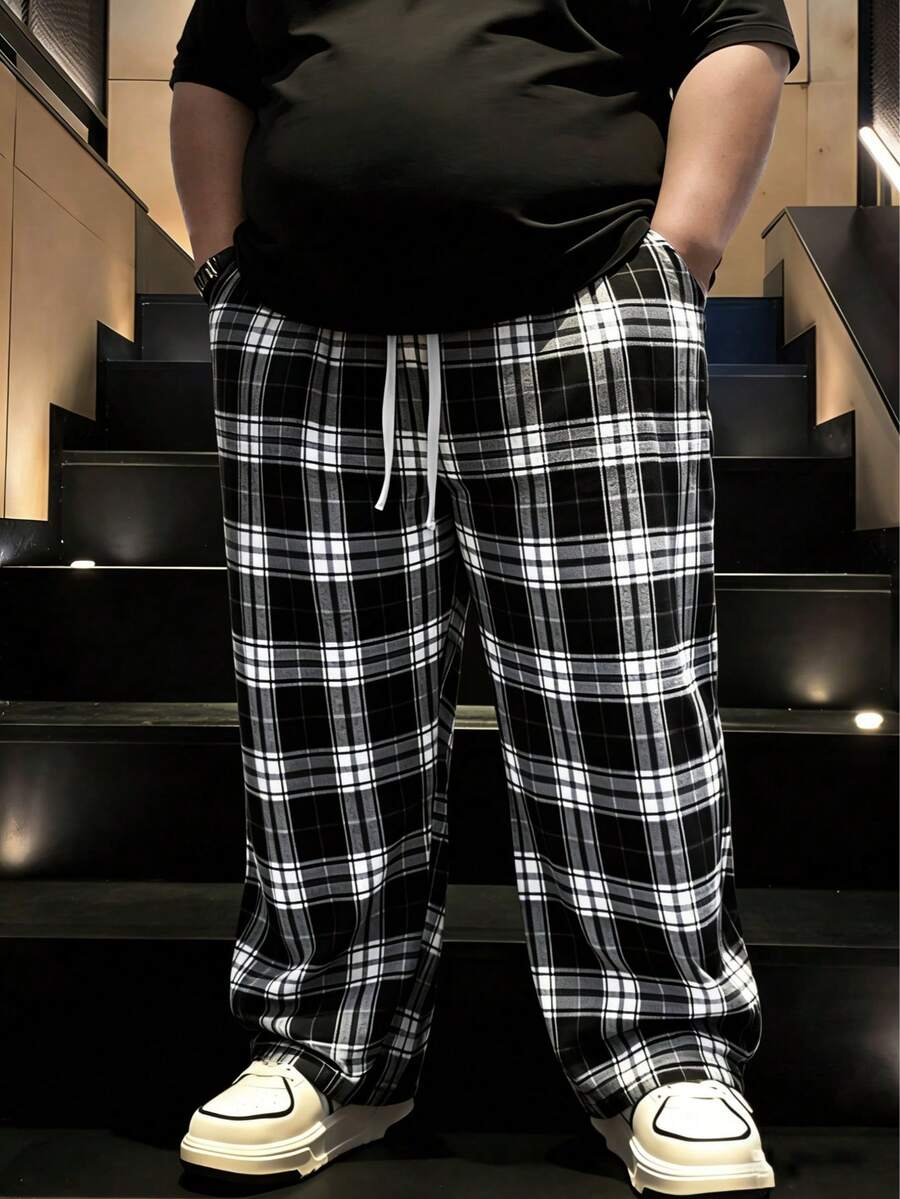Quần dài nam cỡ lớn kẻ caro, cạp chun, kiểu dáng thường ngày, thích hợp cho mùa xuân/thu. - màu đen - Xem 1