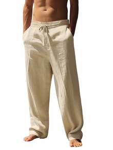 Pantalones deportivos casuales sueltos y transpirables de lino fino para hombres, adecuados para la playa, primavera/verano - Caqui - Ver 6