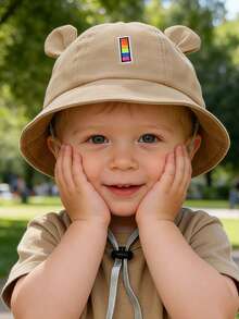1pc A-Z Rainbow Letter Baby 3D Bear Ear Bucket Hat - Khaki Cute Cap Adjustable Anti-Drop Strap Infant Outdoor Sun Hat - Khaki - View 6