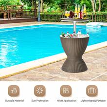 COSTWAY Outdoor Ice Cooler, 8 Gallon Cool Bar Table, Weather Resistant Ice Bucket W/Height Adjustable Tabletop, Imitated Rattan Style, 3-In-1 Cocktail Table For Party, Barbecue, Picnic, Brown - Brown - View 8