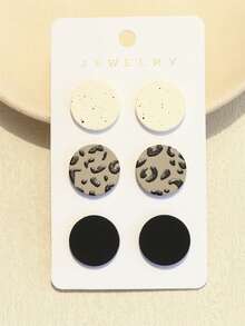 3对波点和豹纹亚克力圆形耳环，个性化陶瓷质感耳环，适合女孩佩戴 - 彩色 - 查看 1