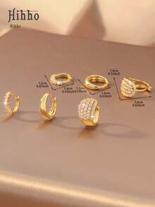 Hihho 6pcs Set Of Luxury Minimalist Hoop Earrings, Including Ombre Rhinestone, Plain, Heavy Rhinestone, And Striped Styles, Multiple Sizes Available, Clip-On Design For Easy Wear, Shining Gift For Girlfriend Or Best Friend - Gold - View 9