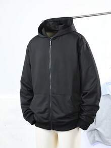 Plus Size Men's Knitted Hooded Sweatshirt Jacket, Loose Fit Casual Plus Size Sports Top, Korean Versatile Hooded Single-Layer Jacket For Daily Leisure And Travel Spring - Black - View 3