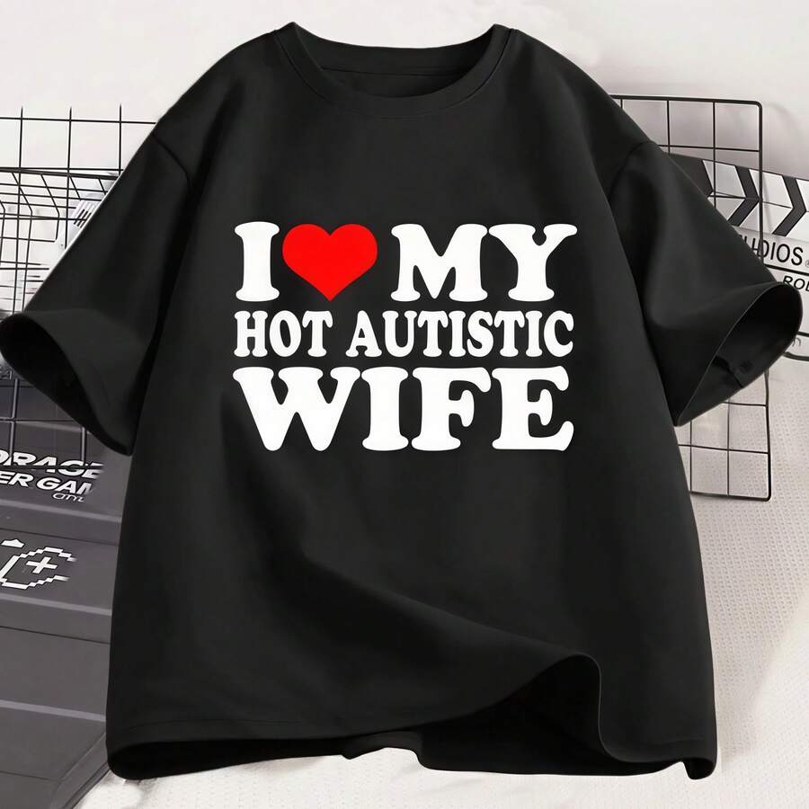 T-shirt "J'aime ma femme autiste sexy" T-shirt en coton décontracté pour hommes, cadeau amusant pour le mari, T-shirt de la Saint-Valentin, T-shirt de mariage, Top pour hommes - Noir - Voir 1