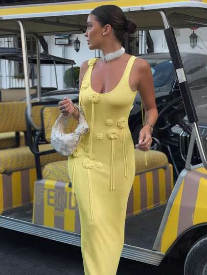 Vestido de punto ajustado con flecos de flores 3D en color amarillo brillante sin mangas, para verano y fiestas