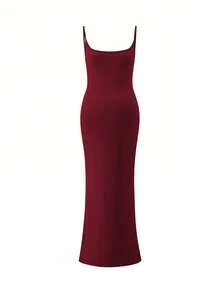 Vestido largo de maternidad cómodo de cuello redondo sin mangas, hecho de tela de alta elasticidad, diseñado especialmente para mujeres embarazadas, vestido de maternidad casual de verano - Rojo - Ver 4