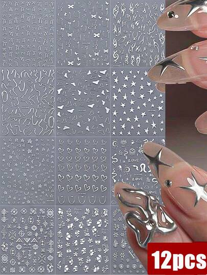 12pcs/Set 3D Bronzing Sun Moon Nail Art Stickers Decals Holographic Silvery Stars Line Designs DIY Manicure Y2K Nail Sliders