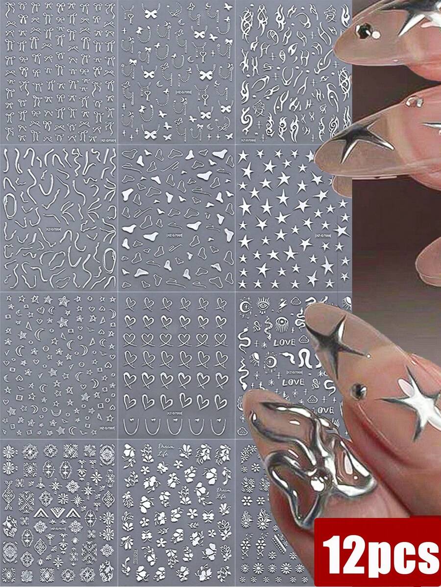 12pcs/Set 3D Bronzing Sun Moon Nail Art Stickers Decals Holographic Silvery Stars Line Designs DIY Manicure Y2K Nail Sliders