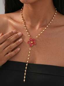 1件极简主义串珠花朵单链流苏项链，独特设计精致锁骨链，奢华优雅吊坠 - 彩色 - 查看 2
