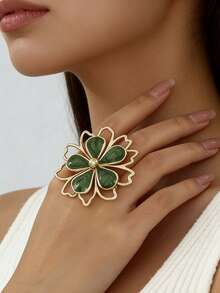 1 pièce/set Élégant rafraîchissant doux bijoux en émail à goutte de fleur de marguerite, comprenant boucles d'oreilles, collier, bague, bracelet. Bijoux floraux dorés à la mode, convient pour les femmes à porter lors de banquets, de fêtes et d'occasions quotidiennes - Vert - Voir 12