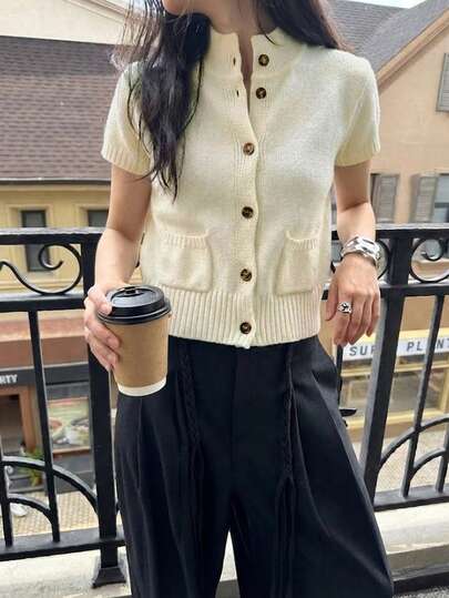 Cárdigan de punto transparente para mujer, de uso diario casual y elegante, versátil con botones, de cuello alto suelto, de manga corta, para el verano