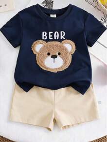 两件套男童休闲时尚毛绒刺绣熊头T恤上衣和针织休闲裤套装 - 寶藍色 - 查看 2