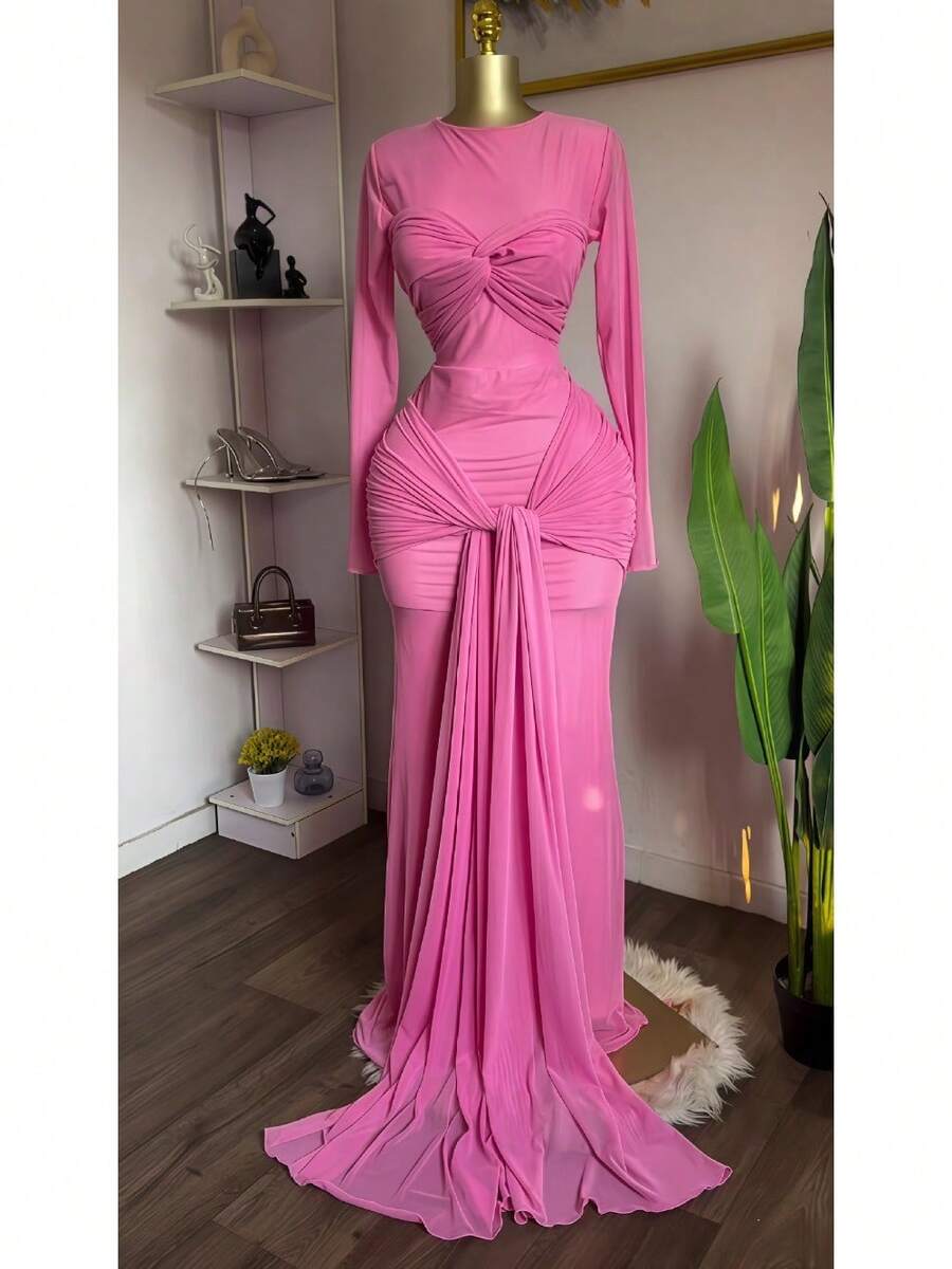 Women's Clothing 2026 Early Spring New Solid Color Long-Sleeved Round-Neck Chest Wrap Tight Temperament Long Dress - Hồng - Xem 1
