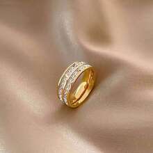 1入組高端不褪色不掉期 Cz 鑲嵌滿星單 / 雙排鑽石指環,時尚百搭適用於情侶,四季皆宜 - 雙圈金色 - 查看 11