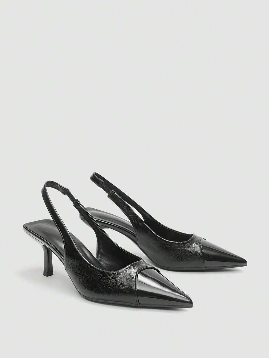 Women's Black Patchwork High Heel Shoes, Pointed Toe Slingback Pumps, 7cm Formal Party Wedding Heels - Black - View 1