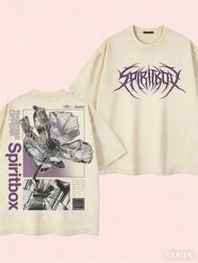 Men's Heavy Retro Street Style T-Shirt With Spiritbox Band Logo Print - Y2K Style Drip Ink Design Music Festival Outfit Loose Breathable Washed Cotton Top Machine Washable Casual Wear Retro Washed Cotton T-Shirt Casual Loose Fit, Short Sleeve, Round Neck, Perfect Gift For All Seasons, Holidays, And Casual Outfits, Casual Sweatshirt|Street Style Fashion|Durable Pure Cotton Material - 杏色 - 查看 1