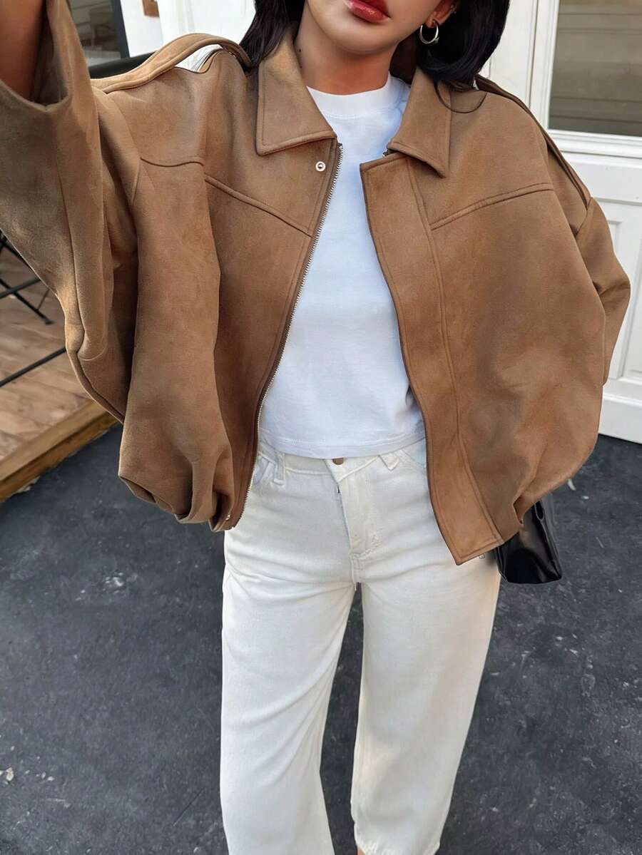 Seelio Spring/Autumn New Arrival Casual Versatile Suede-Like Green Jacket, Deer Skin Texture