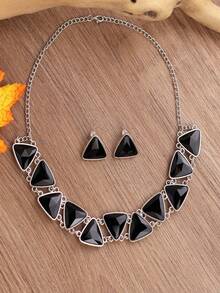 3PCS Vintage Geometric Triangle Necklace, Unique Exaggerated Luxurious Jewelry Set, Evening Dress Accessories, Earrings - 綠色 - 查看 11