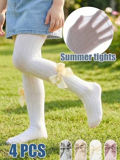 4 chiếc quần tất lưới cho trẻ em mùa hè, quần tất siêu mỏng thắt nơ cho bé gái, kiểu dáng ngọt ngào và đơn giản. Quần tất cho bé sơ sinh và trẻ nhỏ.