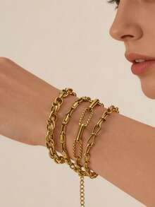 MECYLIFE 1pc Personalized Chain Bracelet, Stainless Steel Adjustable Layered Bracelet For Daily Wear - Yellow Gold - View 3