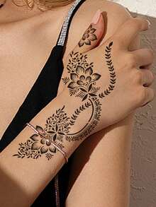 4pcs Floral Tattoo Stencil Stickers, Plant Hollow Temporary Tattoo Template For Arm, Leg, DIY Body Art Painting Party - Black - View 6