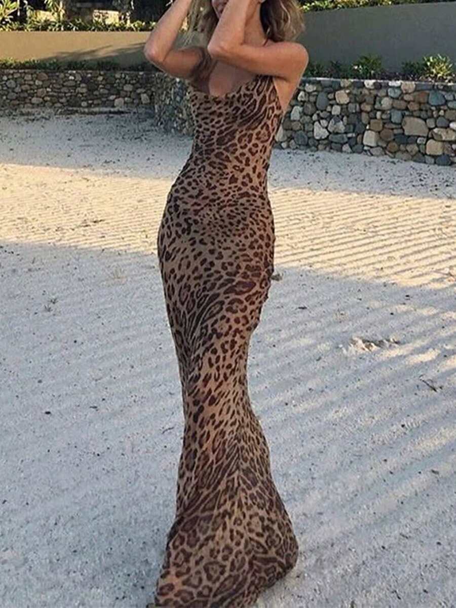 新款豹纹修身连衣裙，垂领休闲连衣裙，适合旅行、节日、休闲、度假、假日派对等场合，优雅夏季之选 - 棕色 - 查看 1