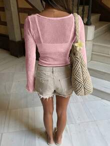 Fashionable Semi-Sheer Pullover Knit Top Pink - Pink - View 5