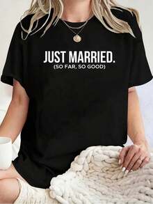 Camiseta Unisex 100% Algodón, Divertida, con Estampado 'Recién Casados, Hasta Ahora Todo Bien', para Parejas en Luna de Miel, Camiseta de Manga Corta, Camiseta Gráfica Casual para Hombre y Mujer - Negro - Ver 1