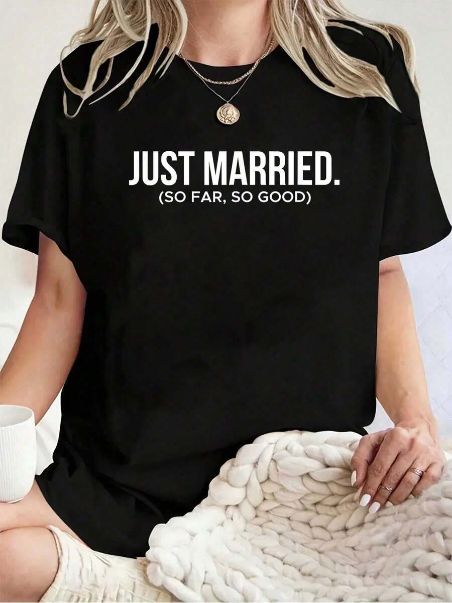 Camiseta Unisex 100% Algodón, Divertida, con Estampado 'Recién Casados, Hasta Ahora Todo Bien', para Parejas en Luna de Miel, Camiseta de Manga Corta, Camiseta Gráfica Casual para Hombre y Mujer - Negro - Ver 1