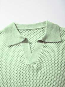 Solid Color Semi-Transparent Mesh V-Neck Collared T-Shirt, Elegant & Sexy, American Style Versatile For Commute & Date, Short Sleeve Top, Summer - Green - View 4