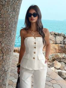 PoPoHouse Women's Elegant Two Pieces Set Sexy Backless Strapless Button Down Top & Loose Wide-Leg Pants Daily Casual Office Commute Summer Beach Vacation Going Out Outfit White Set - White - View 8