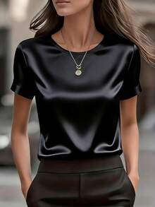 Áo kiểu nữ thanh lịch cổ tròn tay ngắn bằng vải satin, thích hợp cho kỳ nghỉ xuân hè, màu đen. - màu đen - Xem 8