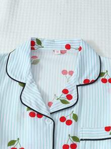 两件套条纹樱桃印花睡衣套装，甜美可爱的翻领纽扣长袖上衣和裤子，适合秋冬季居家穿着。 - 藍色 - 查看 3